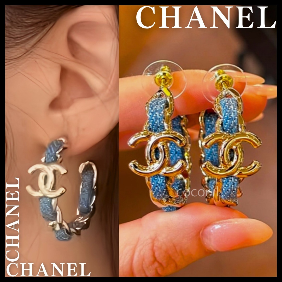 【爽やかな色合い♪】CHANEL フープピアス デニム 爽やかな色合い♪】CHANEL フープピアス デニム