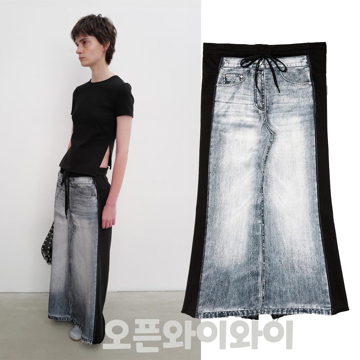 [OPEN YY] / ☆ 25SS FRONT JEAN EFFECT JERSEY SKIRT / BLACK
