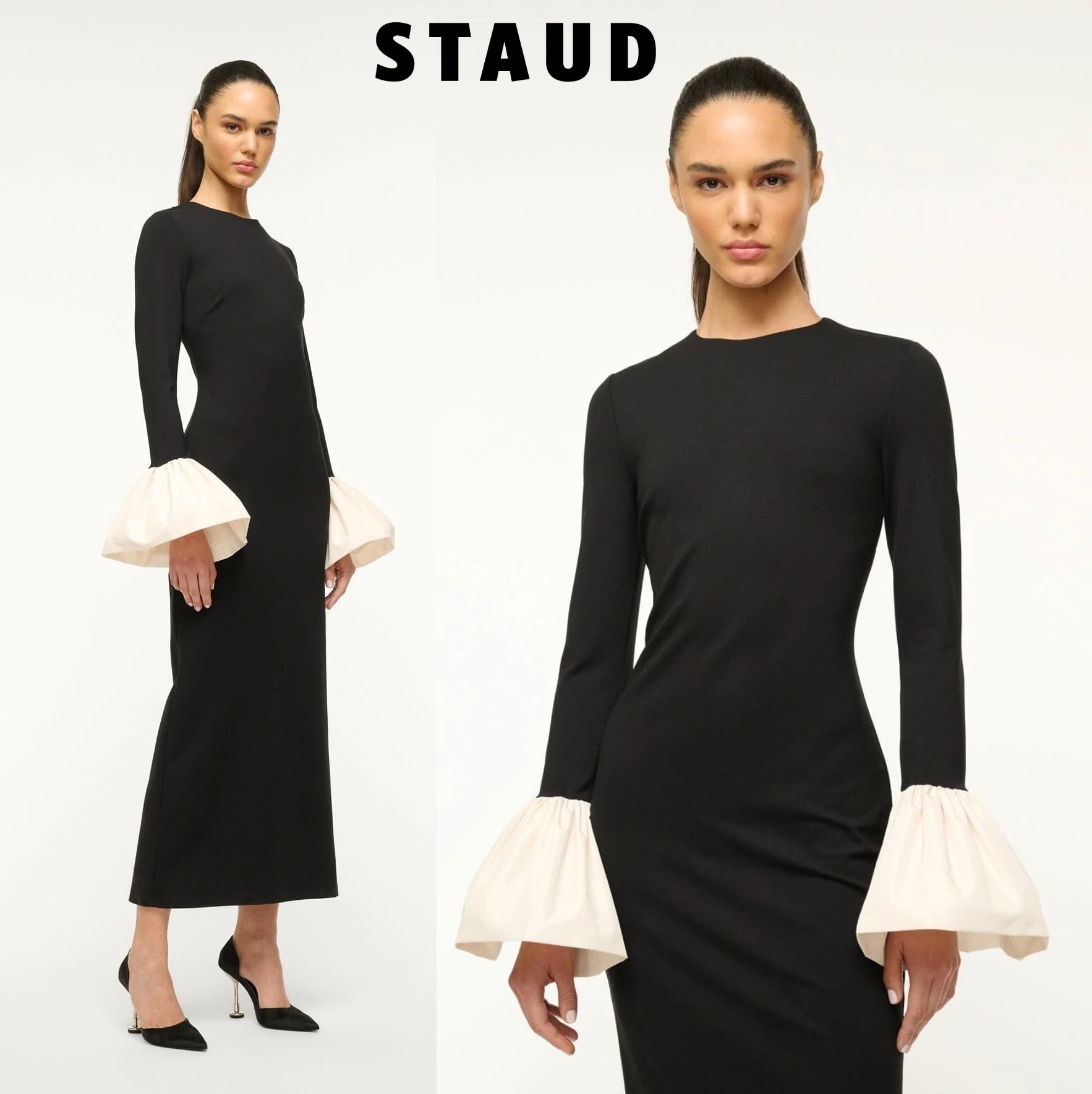 国内発| STAUD ベルスリーブ ポンテ&タフタ マキシドレス
