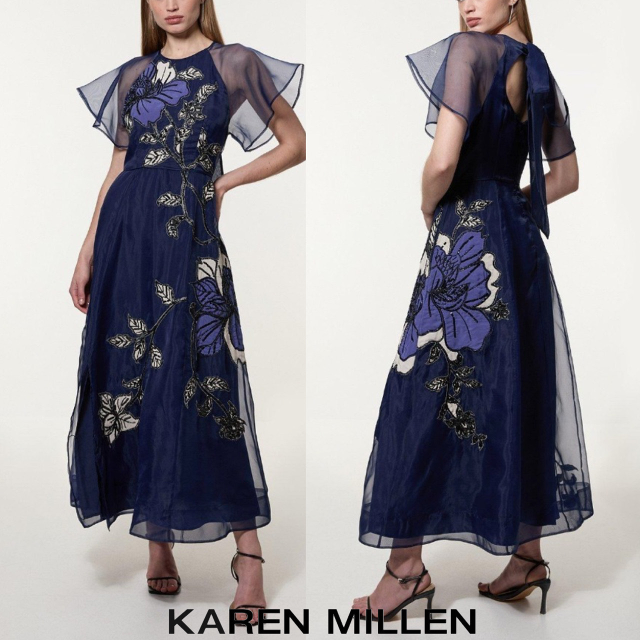 【KAREN MILLEN】半袖フローラルオーガンジー織りマキシドレス