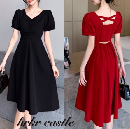 バックレス ドレスワンピース パフ袖 Vネック 上品 ミモレ丈