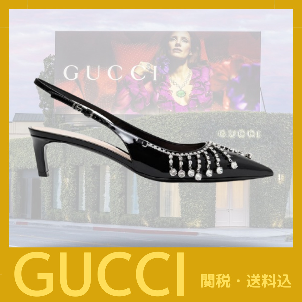 新作☆【GUCCI】クリスタル付き パテントレザー パンプス（黒）