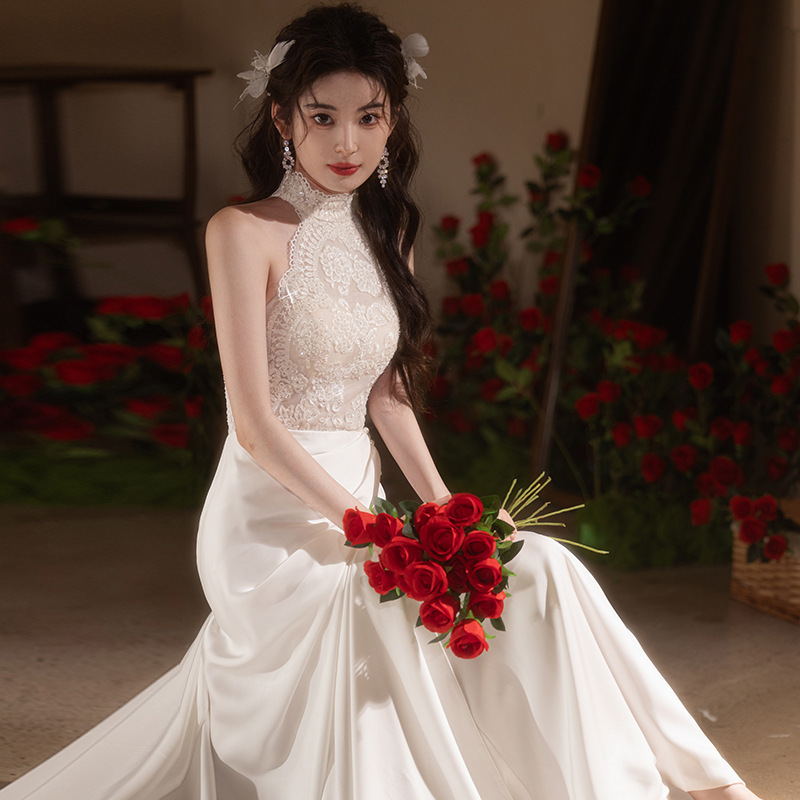 ドレス ホルターネック ノースリーブ パーティー 結婚式 ホルターネックノースリーブウェディングドレス結婚式