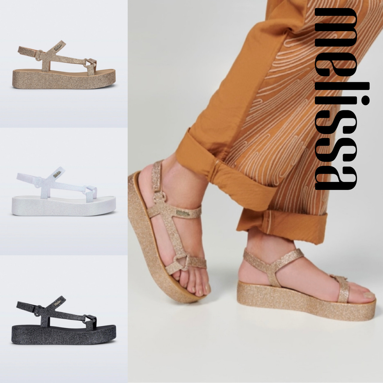 超軽量！Melissa プラットフォーム 厚底サンダル メタリックラメ