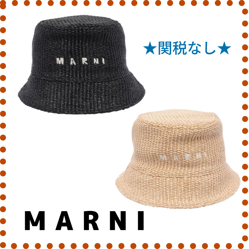 送料関税込【MARNI】ロゴ ラフィア バケットハット 関税なし☆MARNI☆ロゴ ラフィア バケットハット