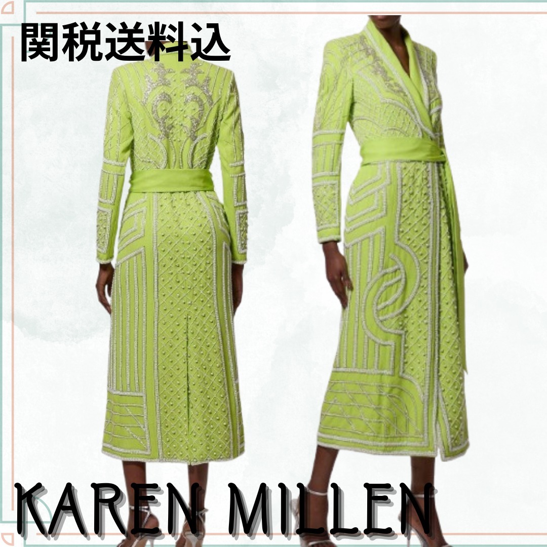 関税送料込【KAREN MILLEN】クリスタル装飾マキシブレザードレス
