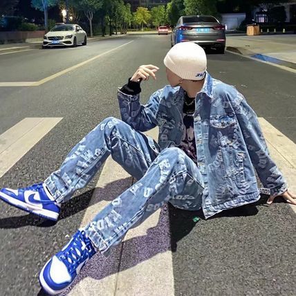 ユニセックス ストリート 総柄 ロゴ デニム セットアップ 韓国