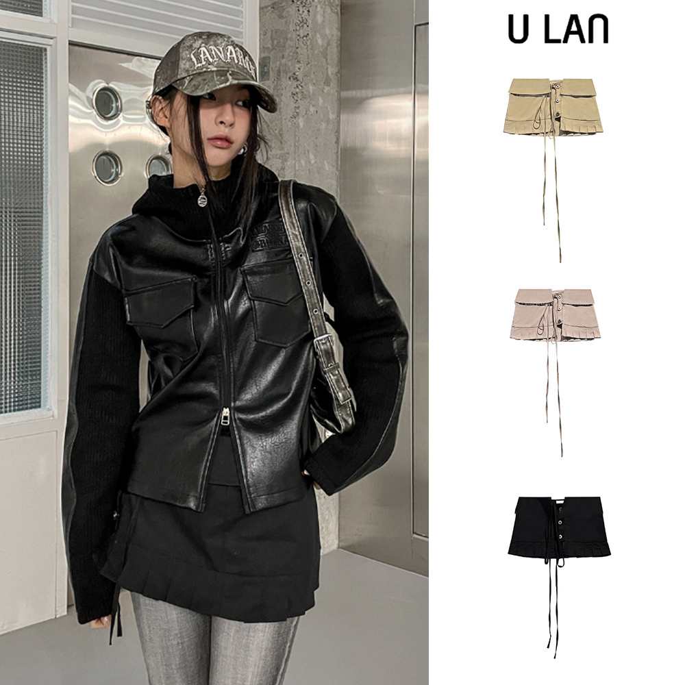 【U LAN】Molder strap layered pleated skirt