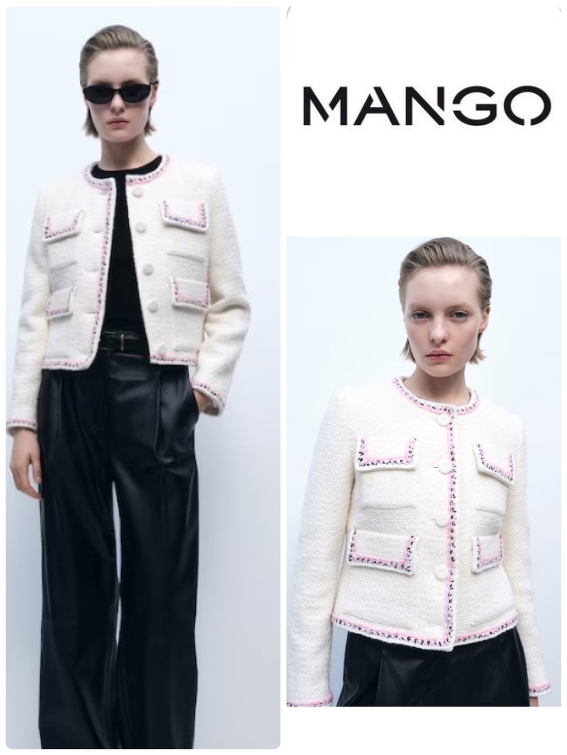 スペイン発送 MANGO コントラストトリム付きツイードジャケット