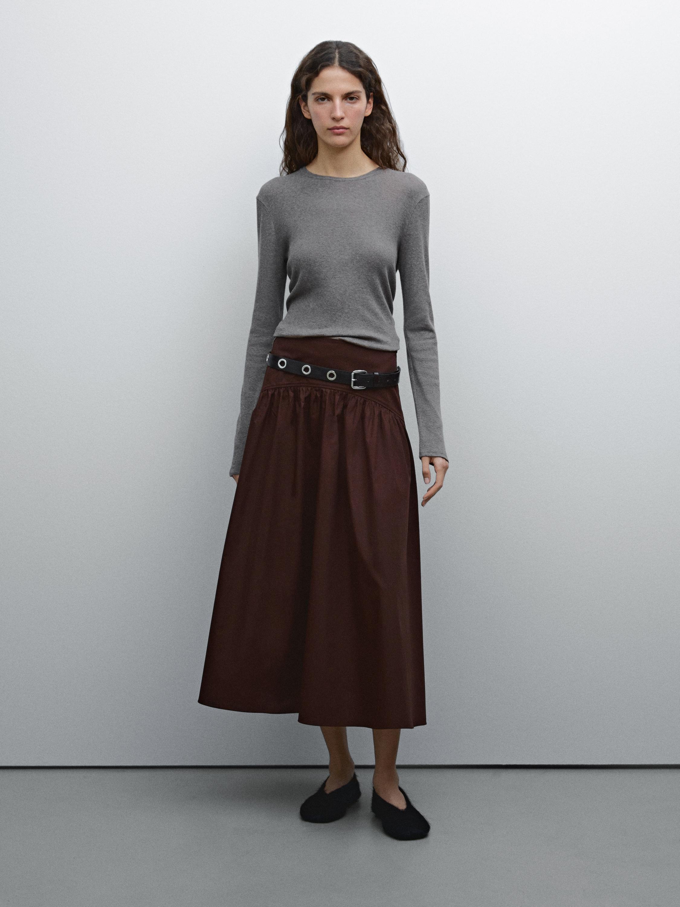 【スペイン発マッシモドゥッティ】綿100%ミディ丈ヨークスカート Massimo Dutti☆100%コットンヨークミディスカート (Massimo