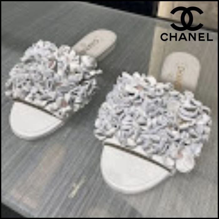 CHANEL フラワー装飾 ミュール グレー/ピンク