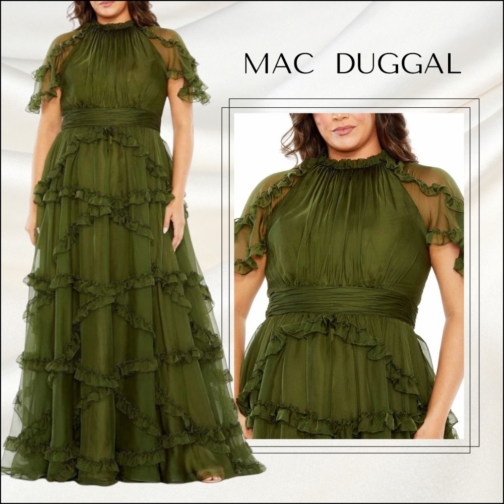 関税送料込【MAC DUGGAL】ロング ワンピース フリル カーキ