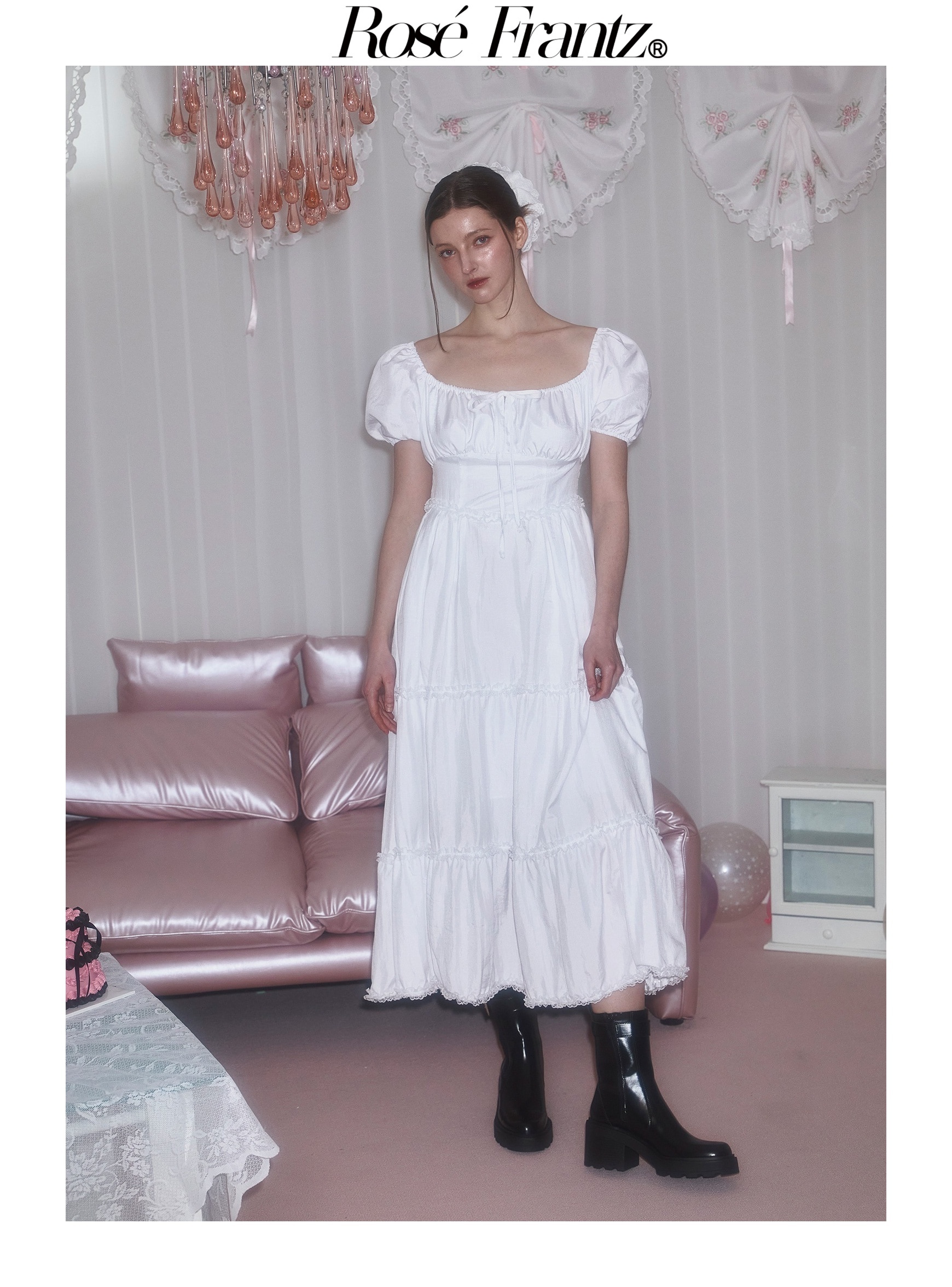 Rose Frantz☆Puff Shirring Lace Long Dress♥