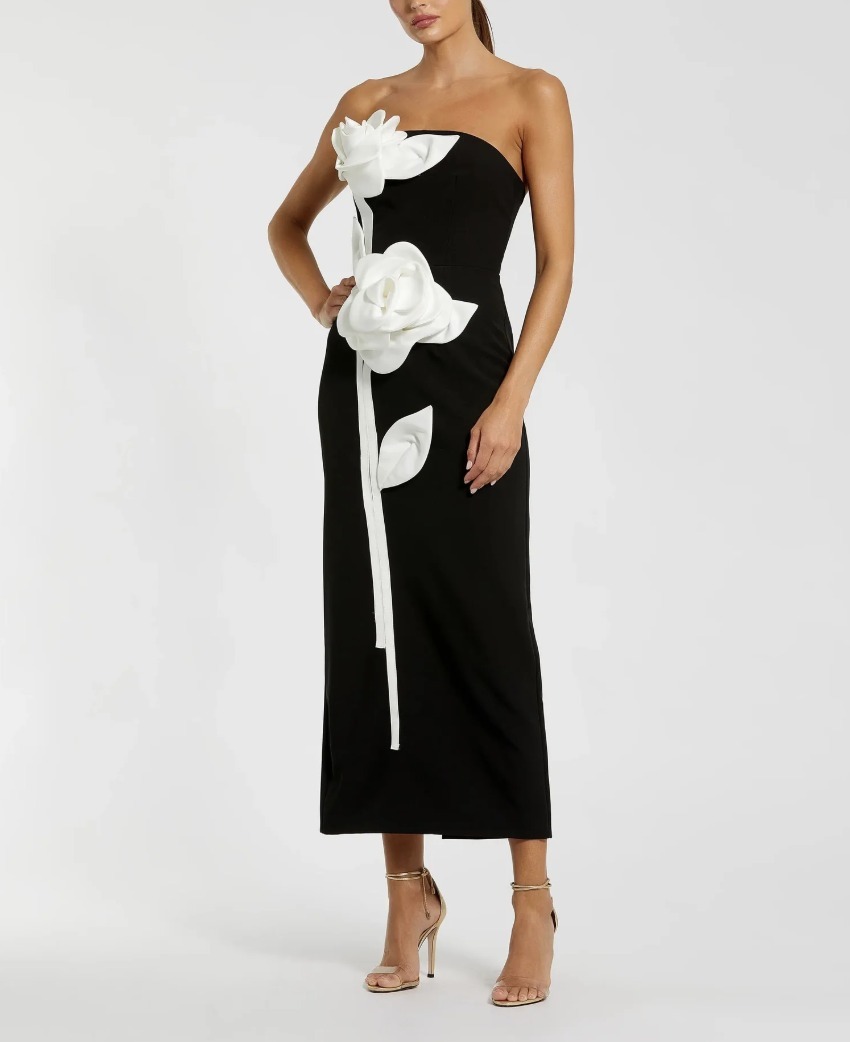 ●Mac Duggal●3Dフラワー ストラップレス サテンドレス MAC DUGGAL3D 花柄 サテン ストラップレス カクテルドレス 黒白
