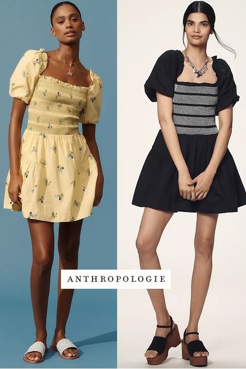 Anthropologie パフスリーブスクエアネック スモック ミニドレス
