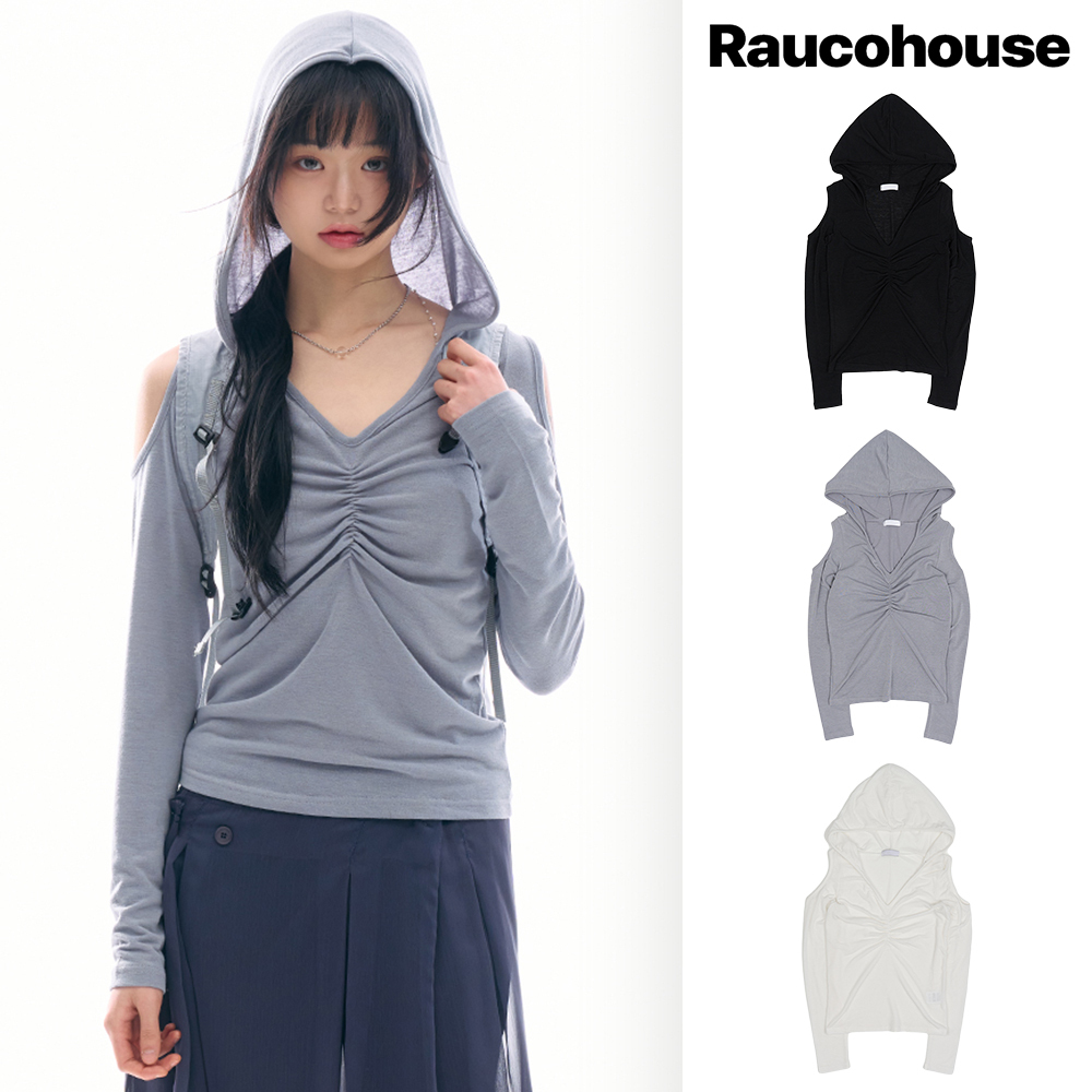 【Raucohouse】Teen open shoulder shirring hood top