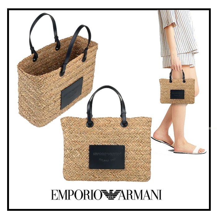 EMPORIOARMANI ロゴ ストロー素材 ハンドバッグ
