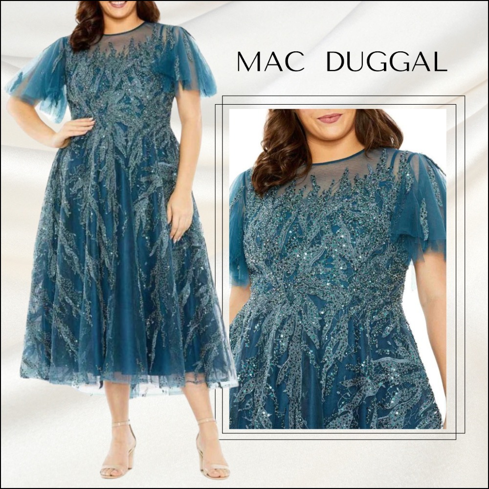 関税送料込【MAC DUGGAL】ミディ ドレス スパンコール ブルー