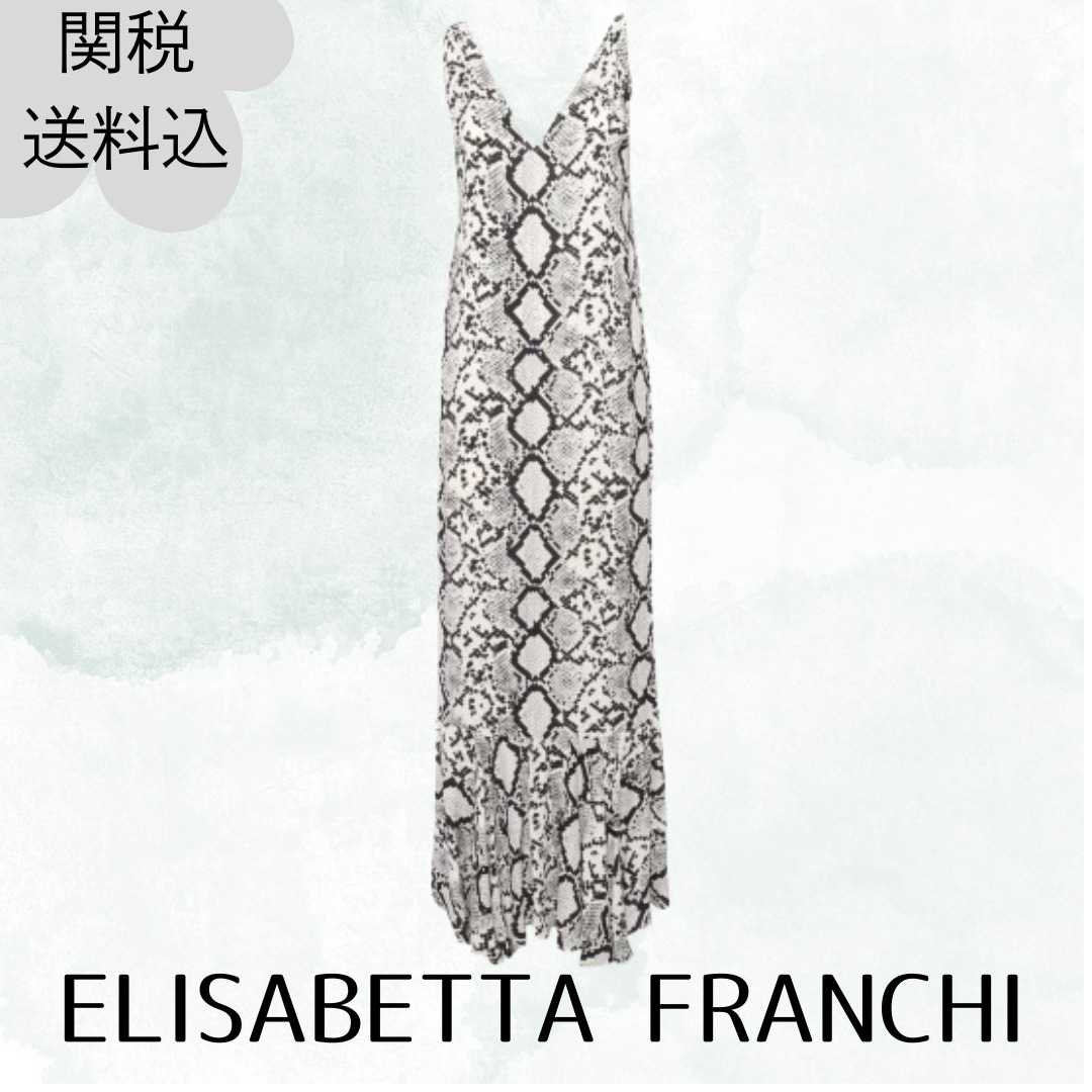 残1点【ELISABETTA FRANCHI】ロングパイソン柄ドレス 黒 Vネック
