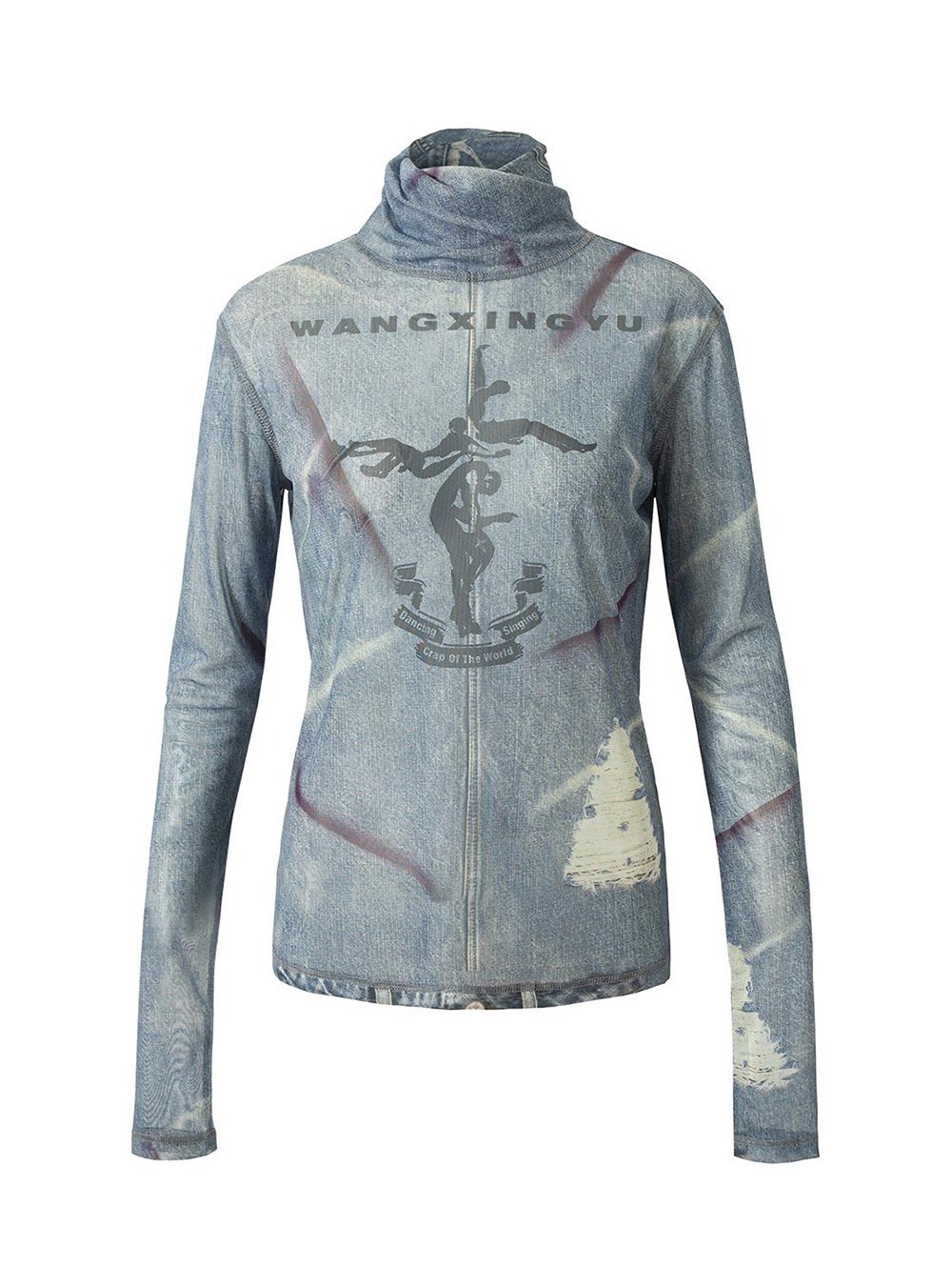 国内で当店のみ Wangxingyu - Denim Print Mesh Turtleneck Top