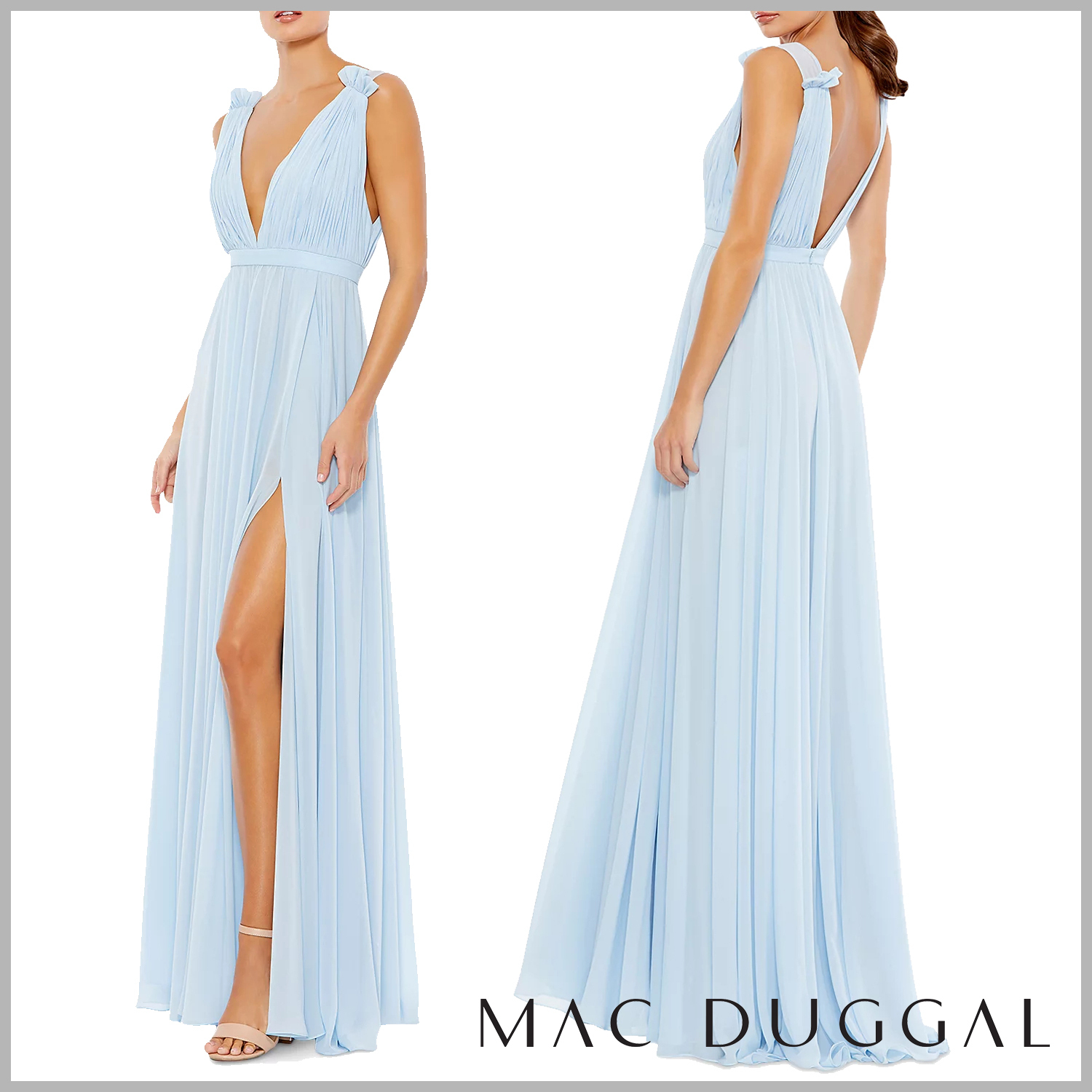 【Mac Duggal】ライトブルーのプリーツシフォンロングドレス