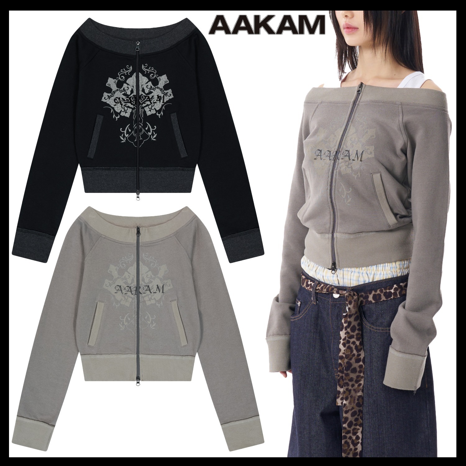 【AAKAM】CROS2 Off-shoulder Zip-Up ★韓国人気★ 追跡付