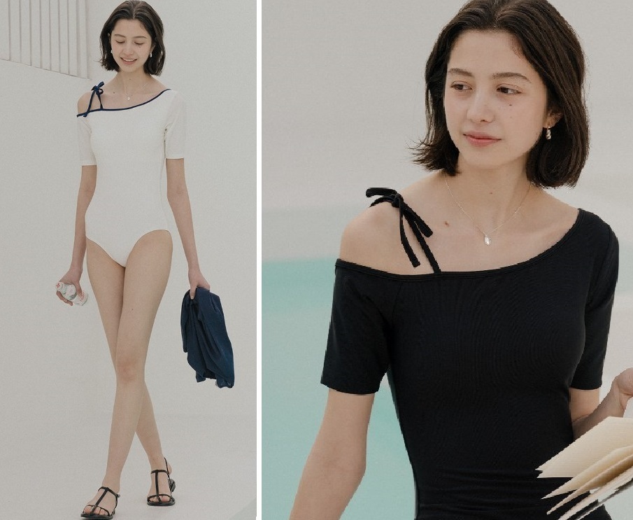 【韓国発】Strap off shoulder swimwear_White＆black★税送込