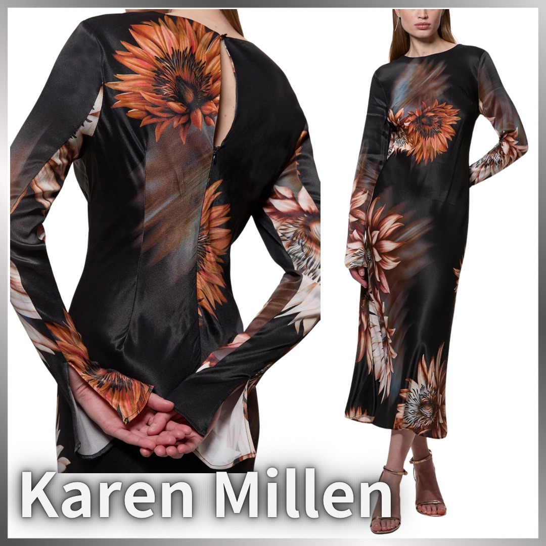 【Karen Millen】サテン バイアスカット ウーブン ミディドレス