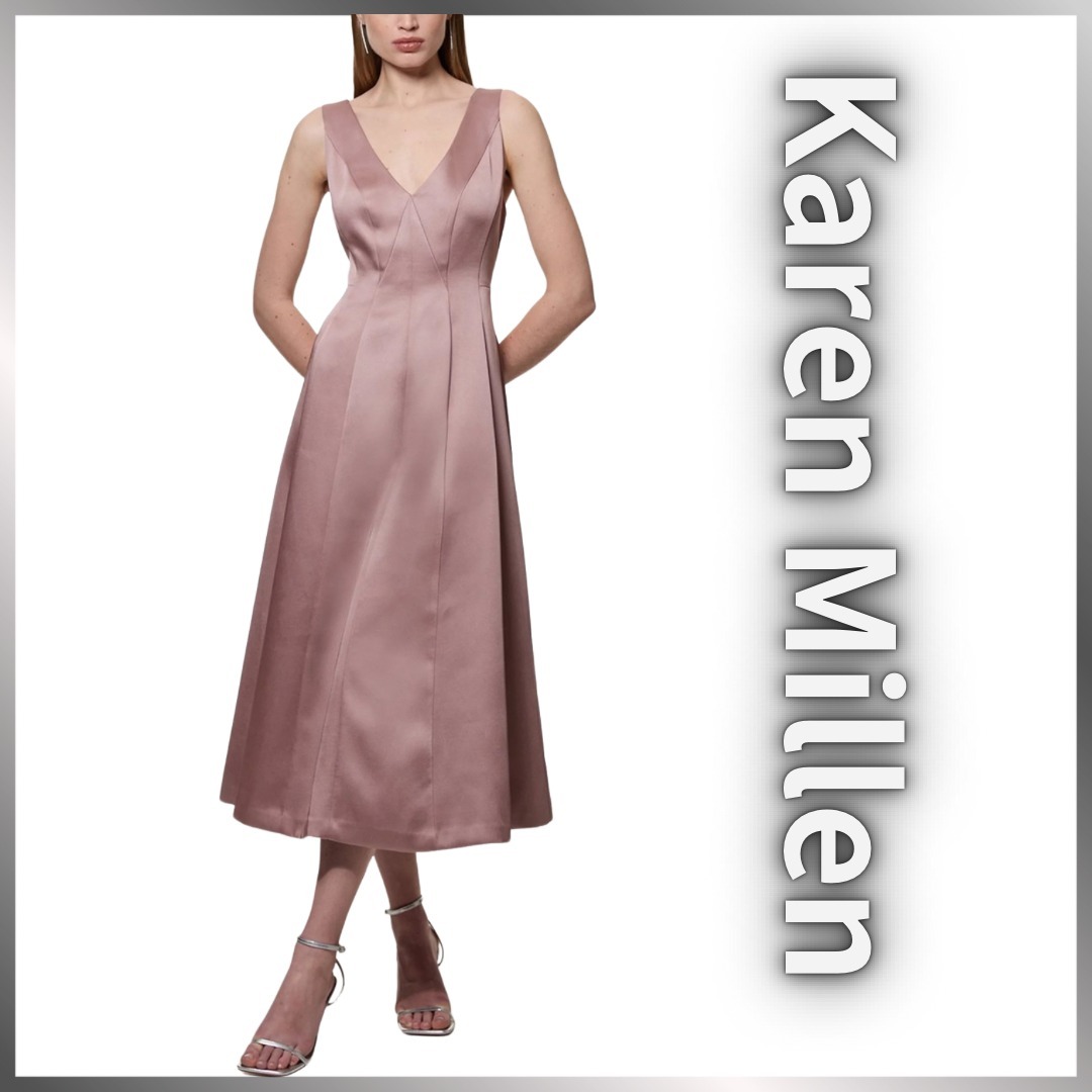 【Karen Millen】ビスコースサテン 深Vネックラインミディドレス