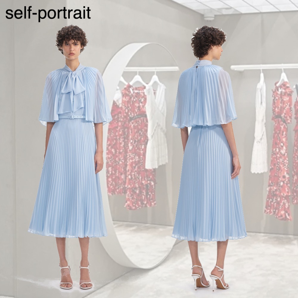 【希少】SELF PORTRAIT ブルー シフォン ケープ ミディドレス