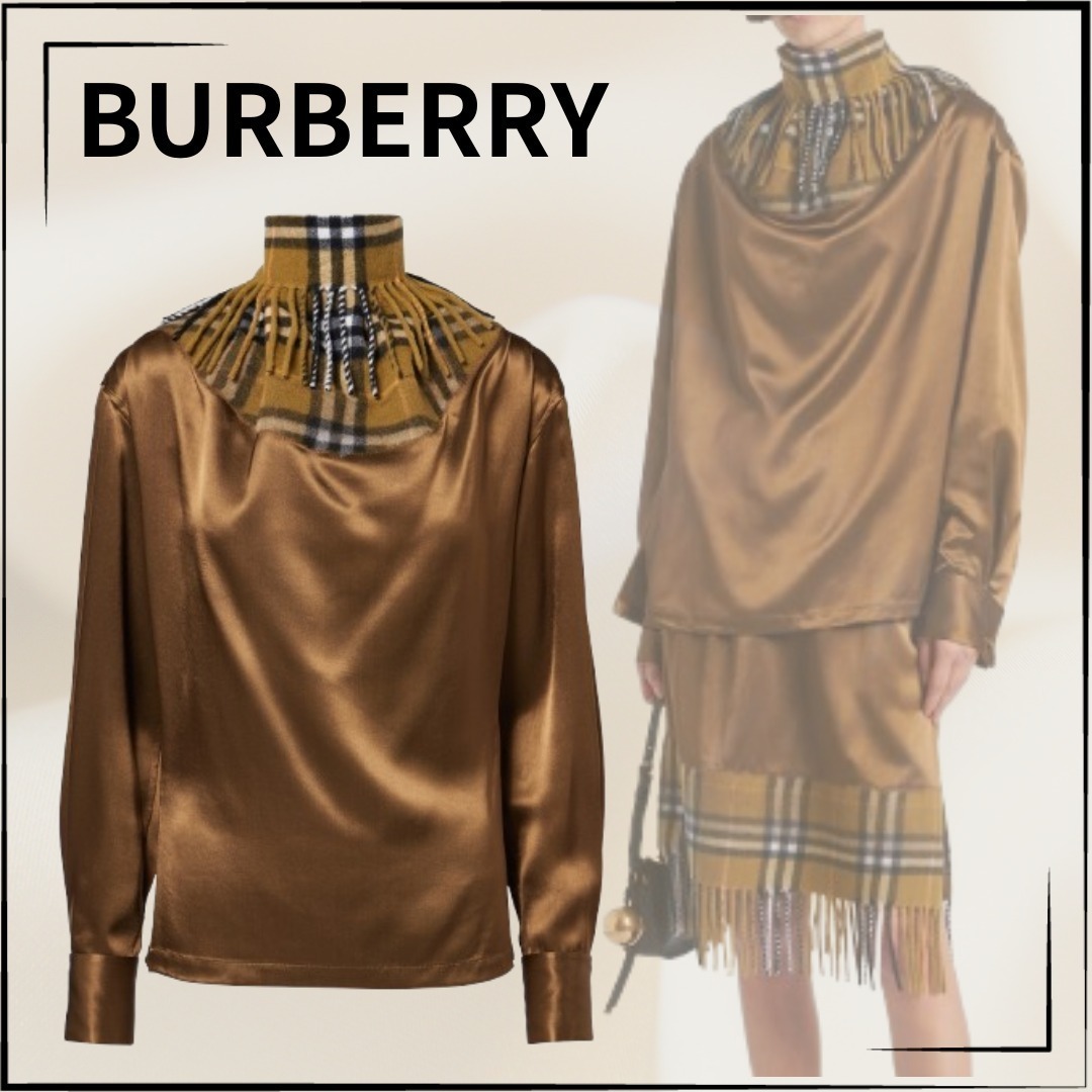 【BURBERRY】関税込☆サテン＆チェック ドレープブラウス トップ