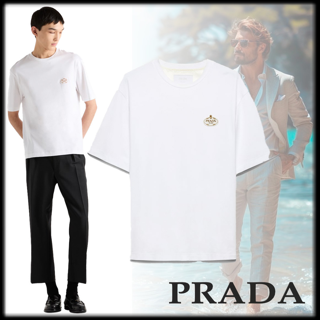 PRADA お洒落 ロゴ コットン ホワイト Tシャツ