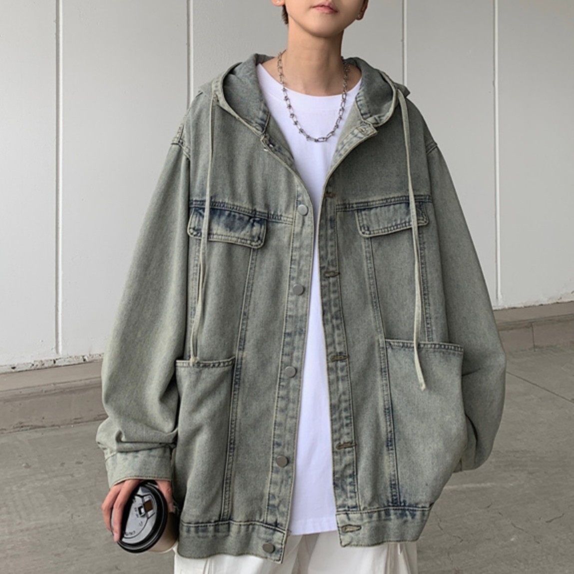 デニム パーカー ウオッシュ加工 ヴィンテージ風 ルーズ 長袖 4