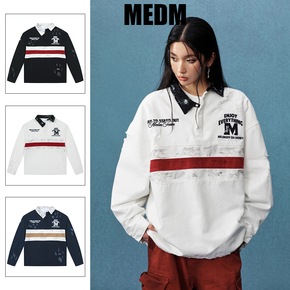 MEDM ロゴ 長袖Ｔシャツ ポロシャツ ストライプ カジュアル 3色