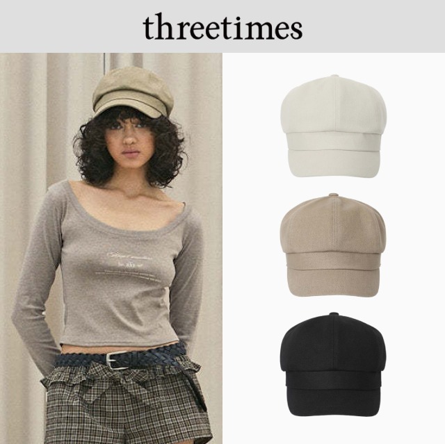 【threetimes】Cotton logo newsboy cap (3colors)