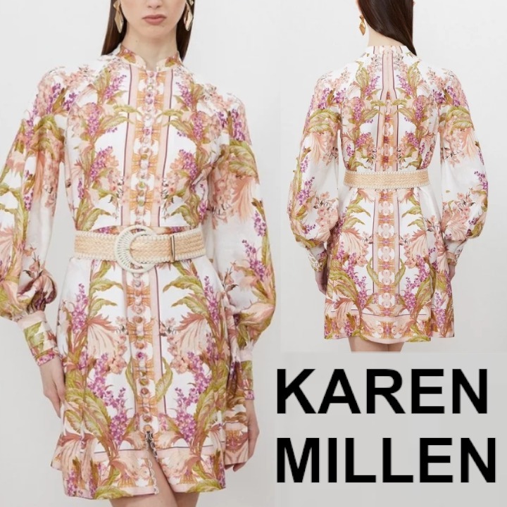 安心追跡【KAREN MILLEN】フローラル リネン ミニドレス