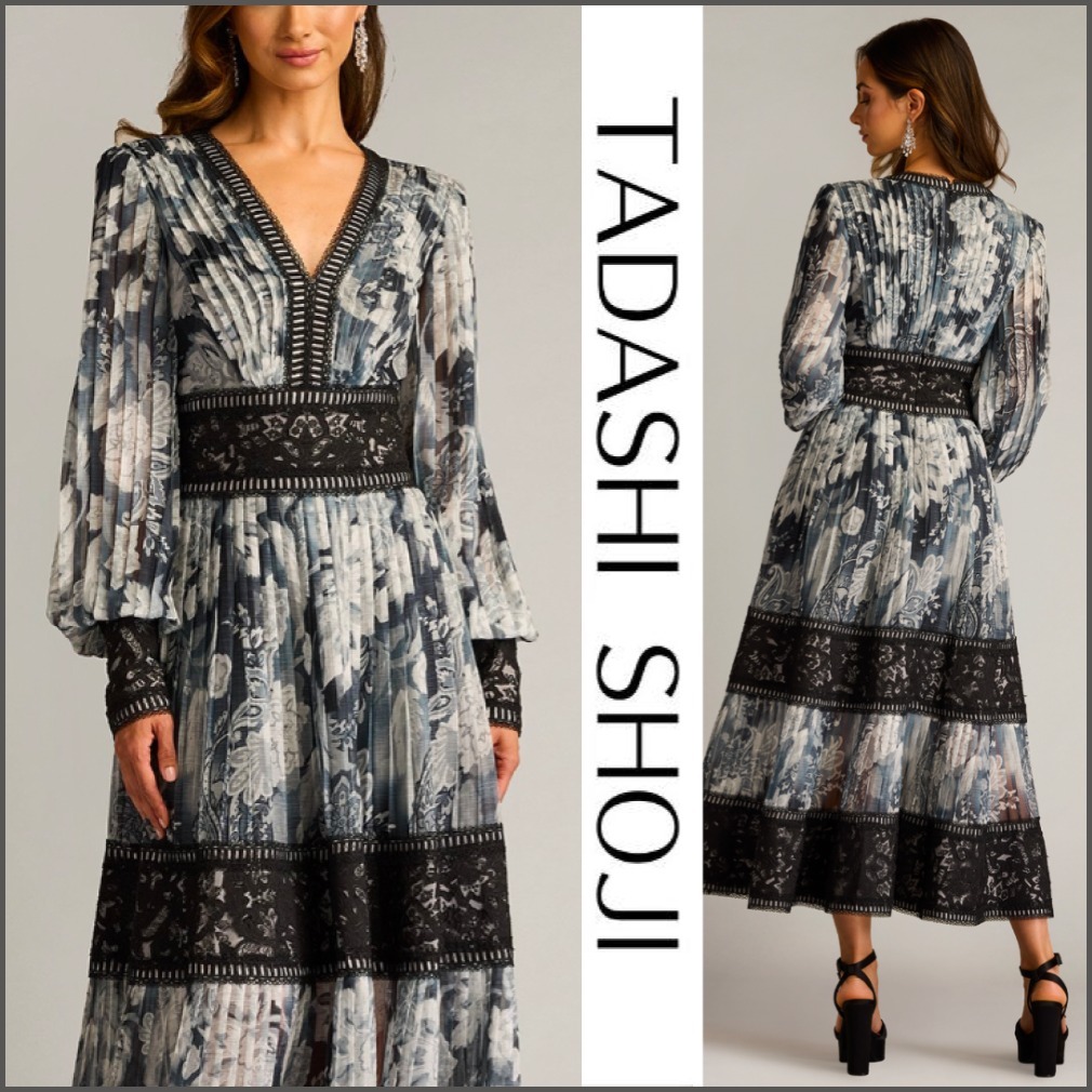 関税送料込【TADASHI SHOJI】ロング ワンピース 花柄 ブラック