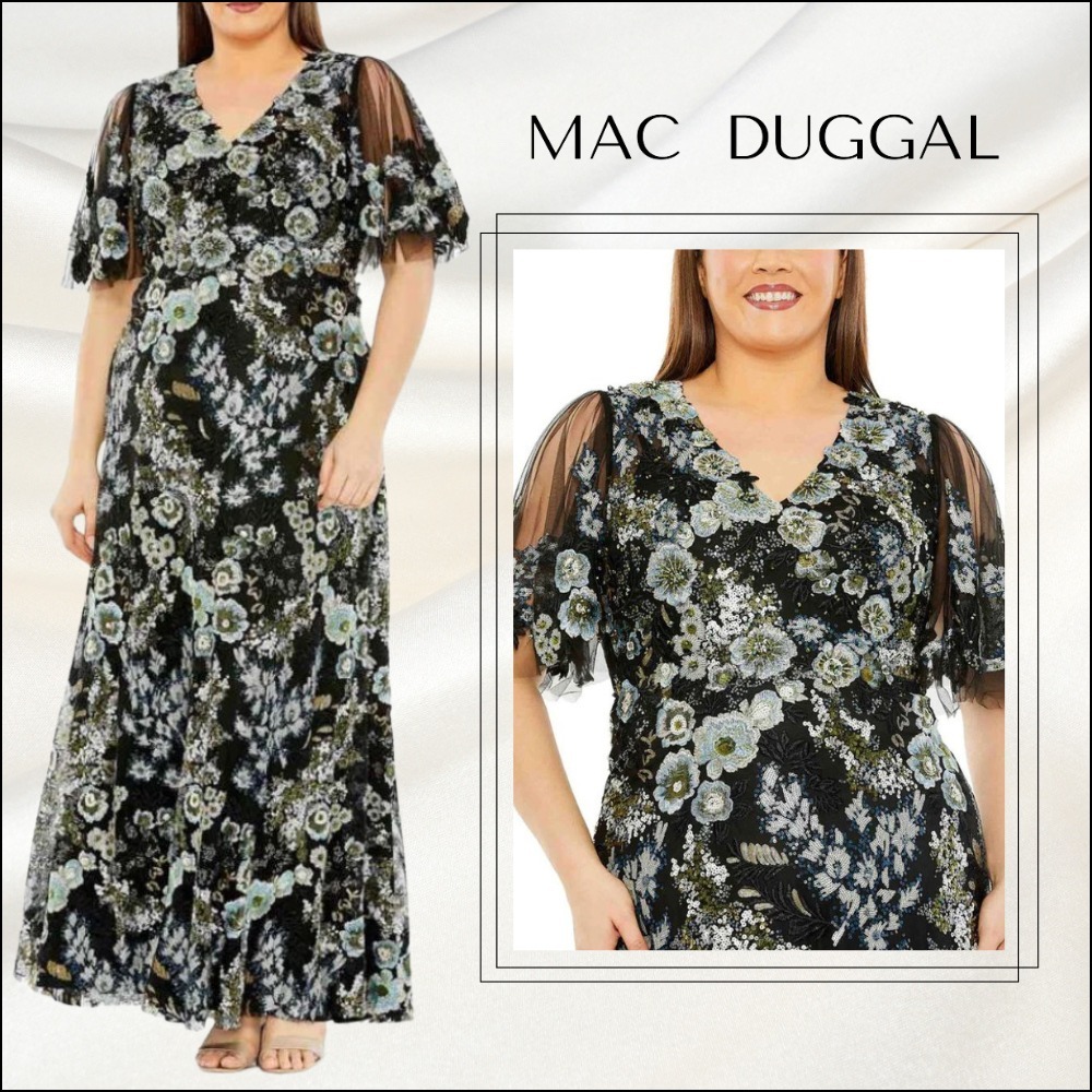 関税送料込【MAC DUGGAL】ロング ワンピース 花柄 半袖 ブラック