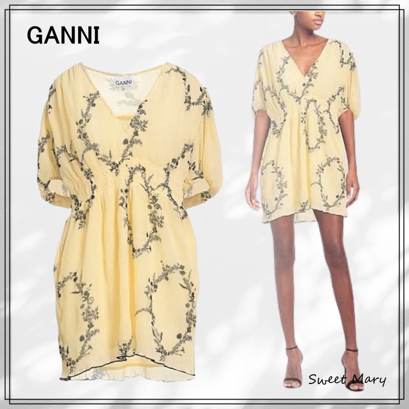 GANNI☆クレープ 花柄 Vネック ミニワンピース♪【送料込】