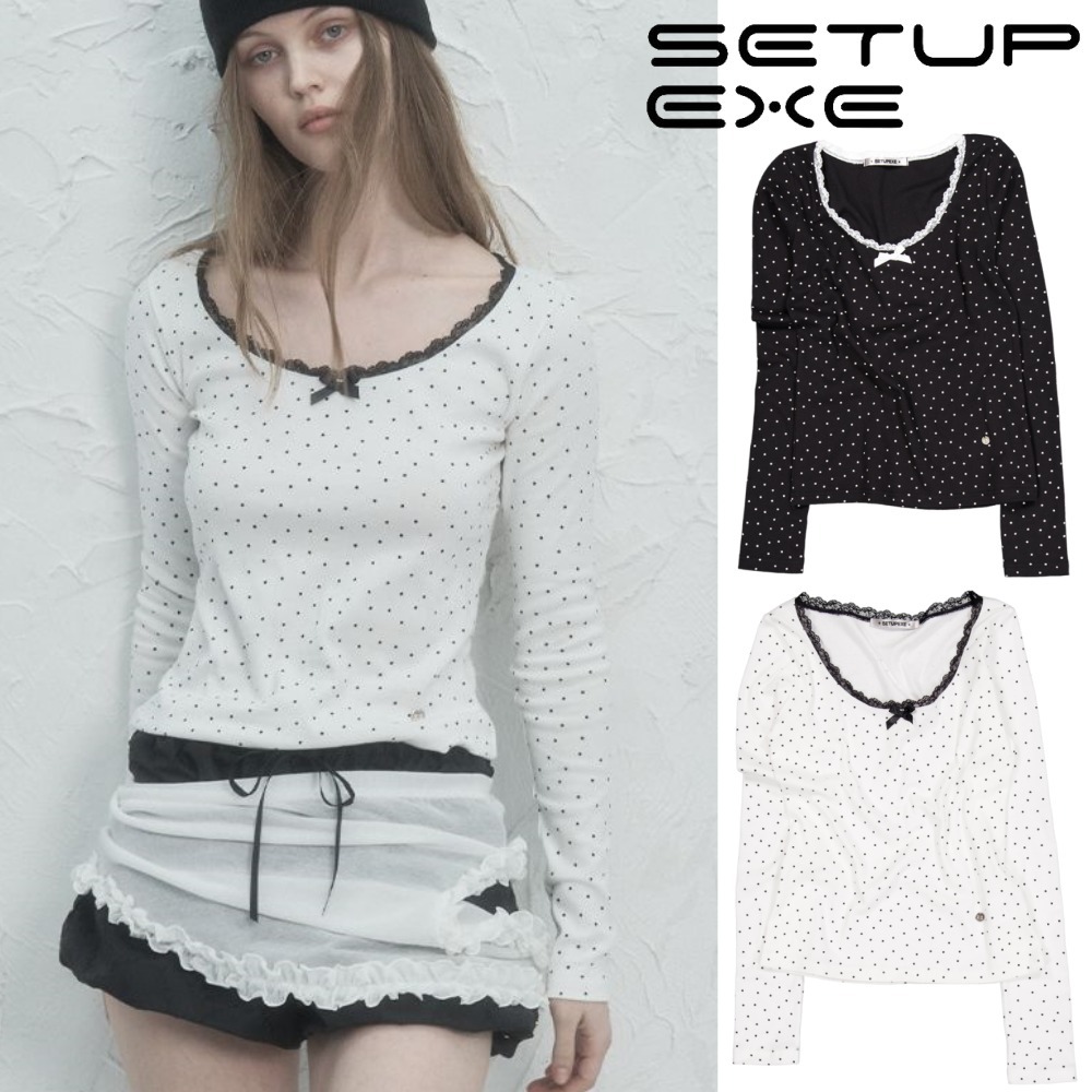 SETUP-EXE★韓国★人気★TINY STAR LACE TOP 2色 ロンT 星