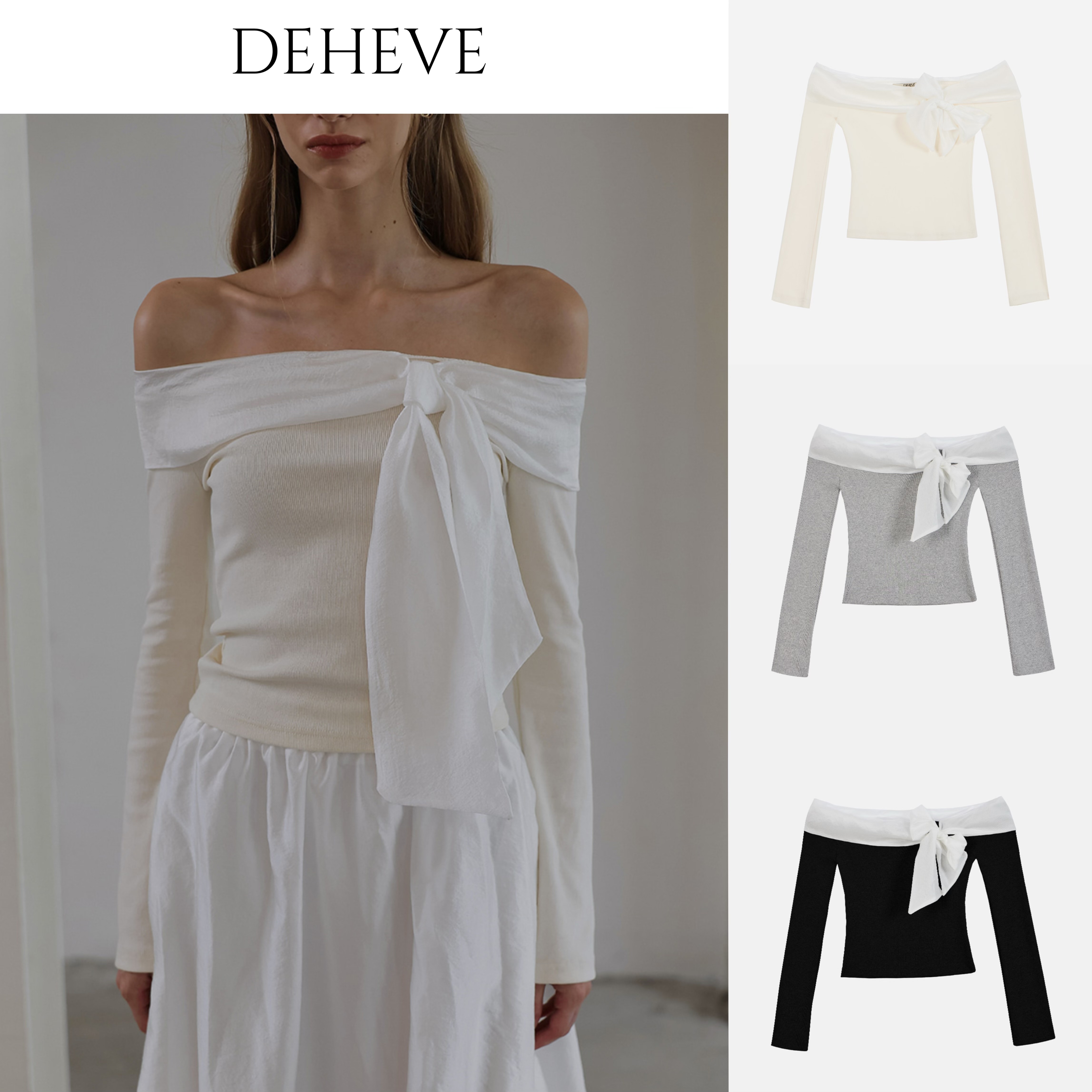 【 DEHEVE 】Chiffon Ribbon Off Shoulder Long Sleeve