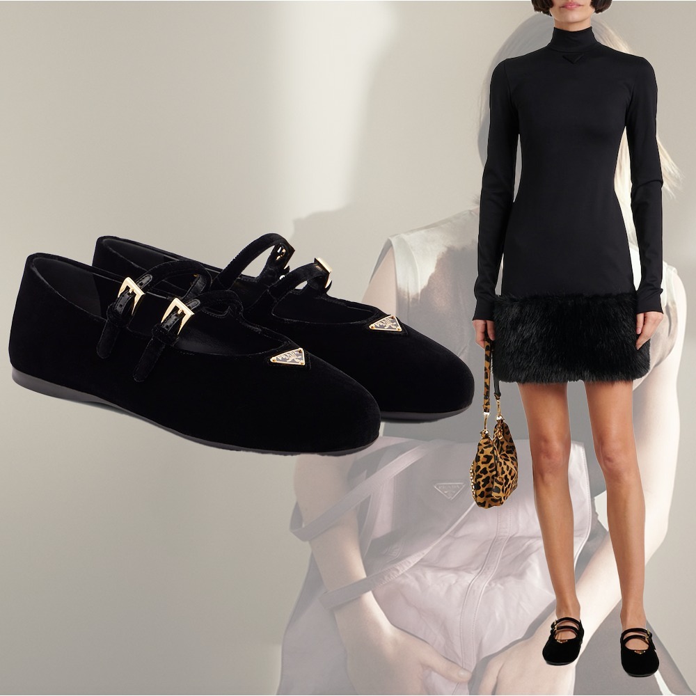 【希少】 PRADA ロゴ ベルベット メリージェーン フラット