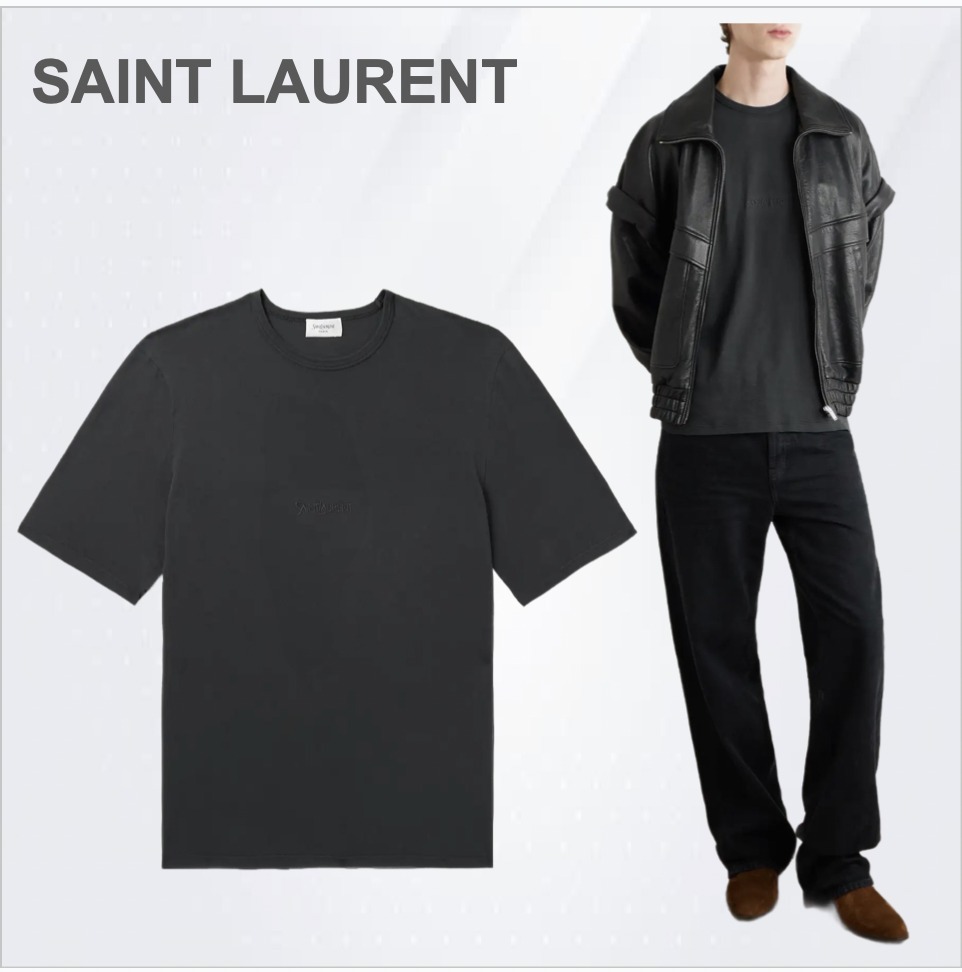 コットンジャージー Tシャツ ロゴ刺繍入り δ SAINT LAURENT】コットンジャージー Tシャツ ロゴ刺繍入り