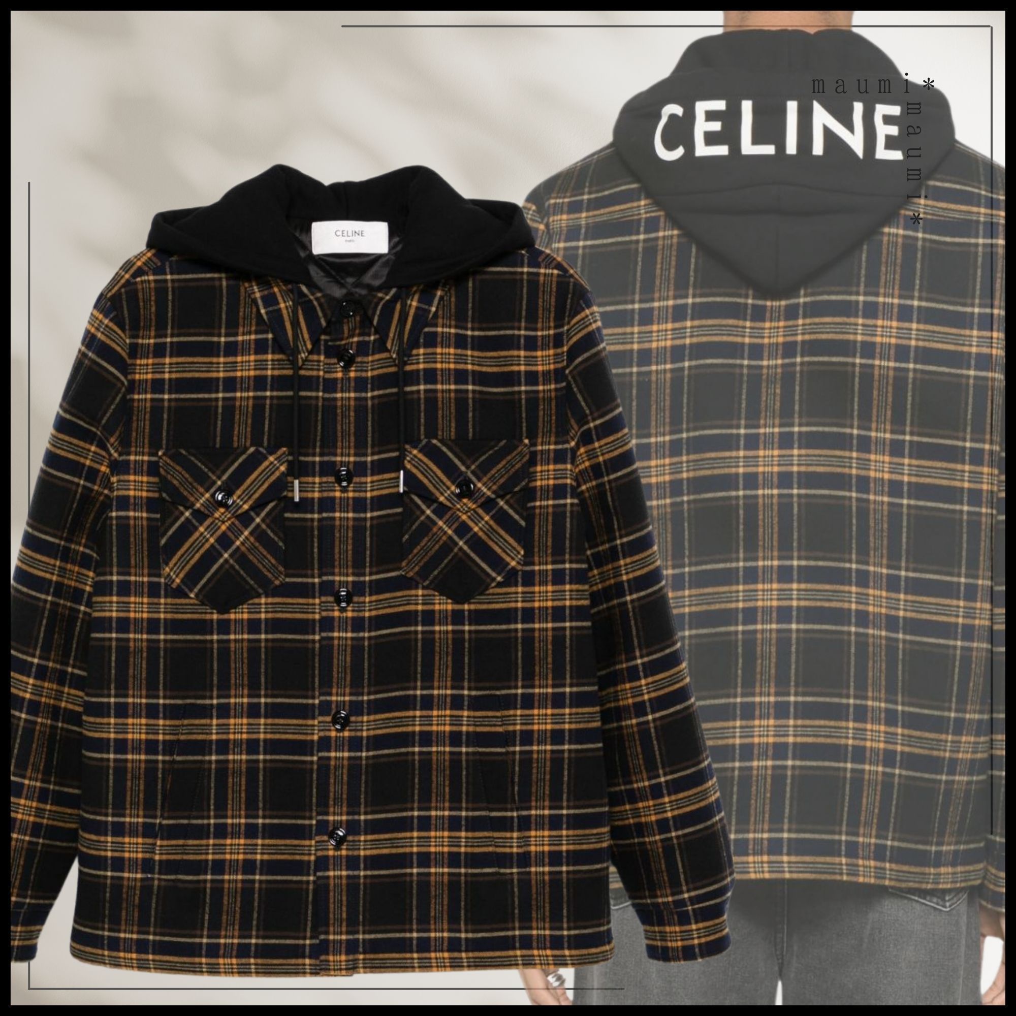 CELINEセリーヌ フード付き オーバーシャツ チェック ウール