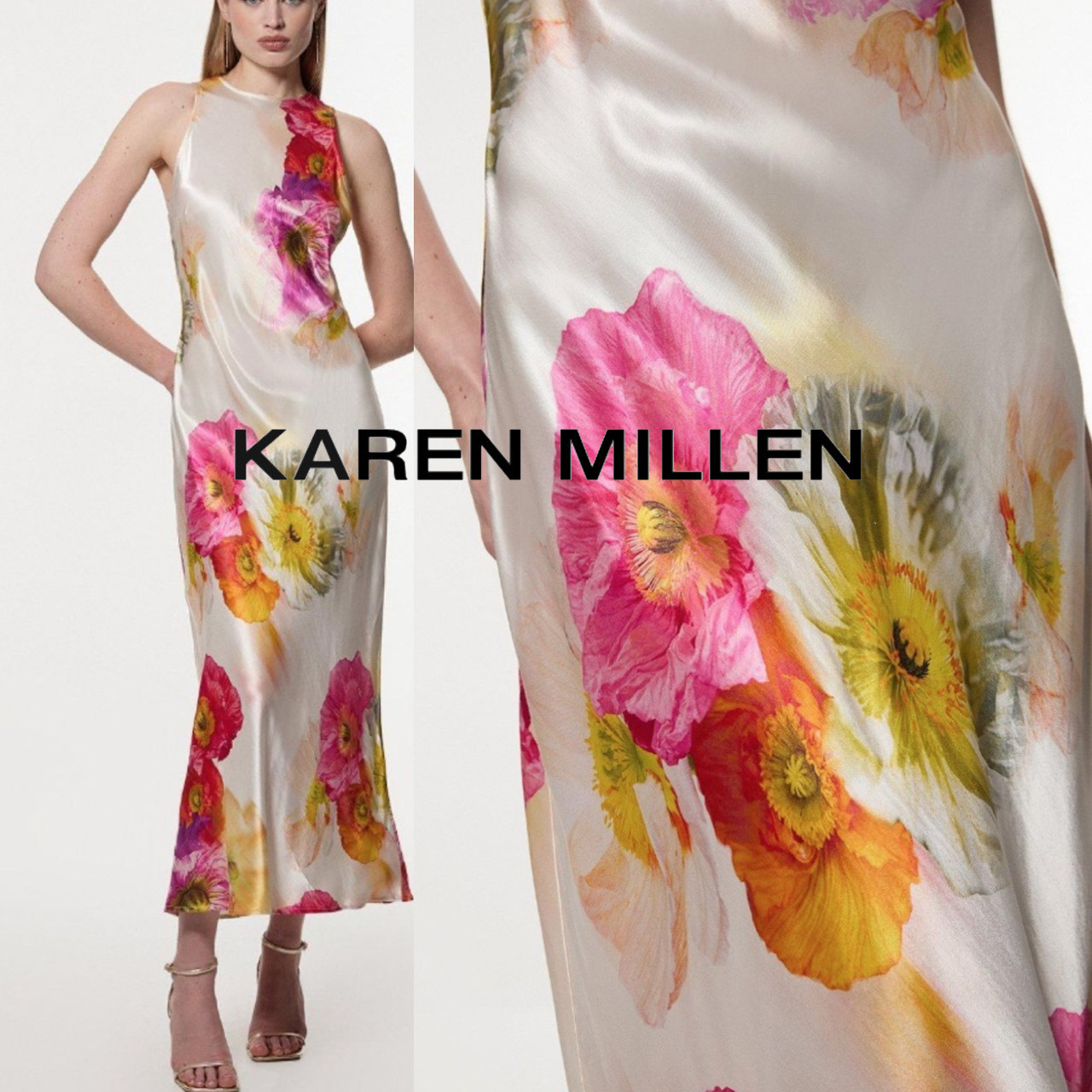 【KAREN MILLEN】プチフローラルサテン織りコラムマキシドレス
