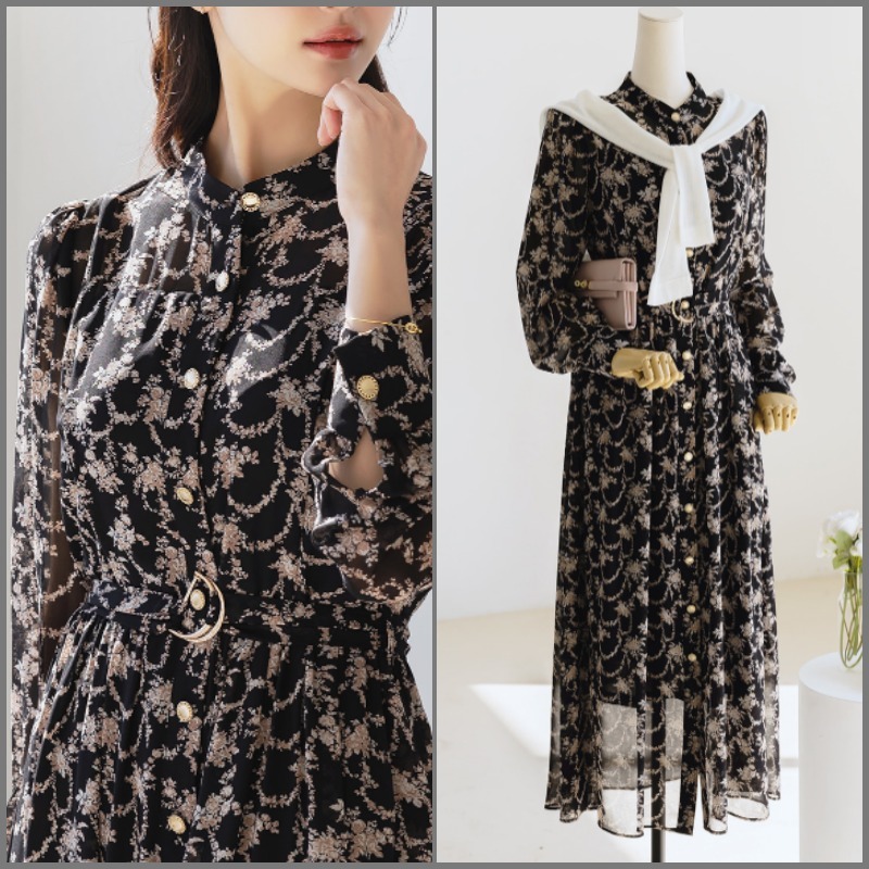 ★ChicLine★ ロディア フローラルシフォンフレアワンピース