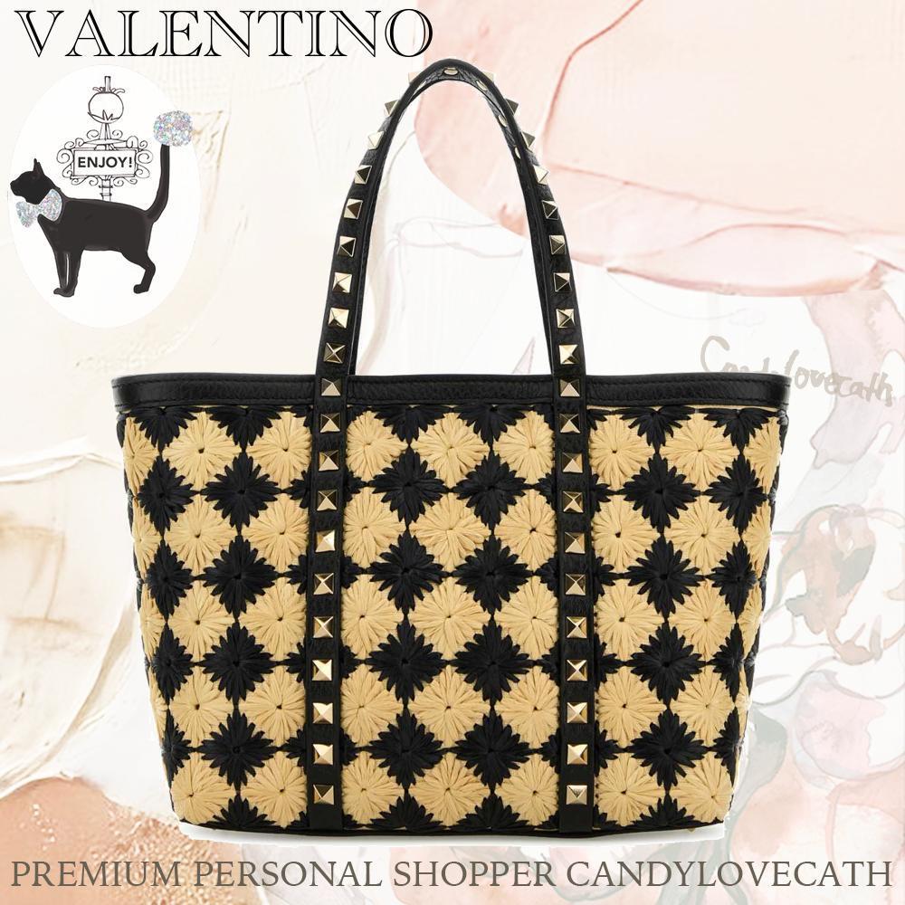 トートバッグ VALENTINO GARAVANI Embroidered Raffia Mini Rockstud Handbag