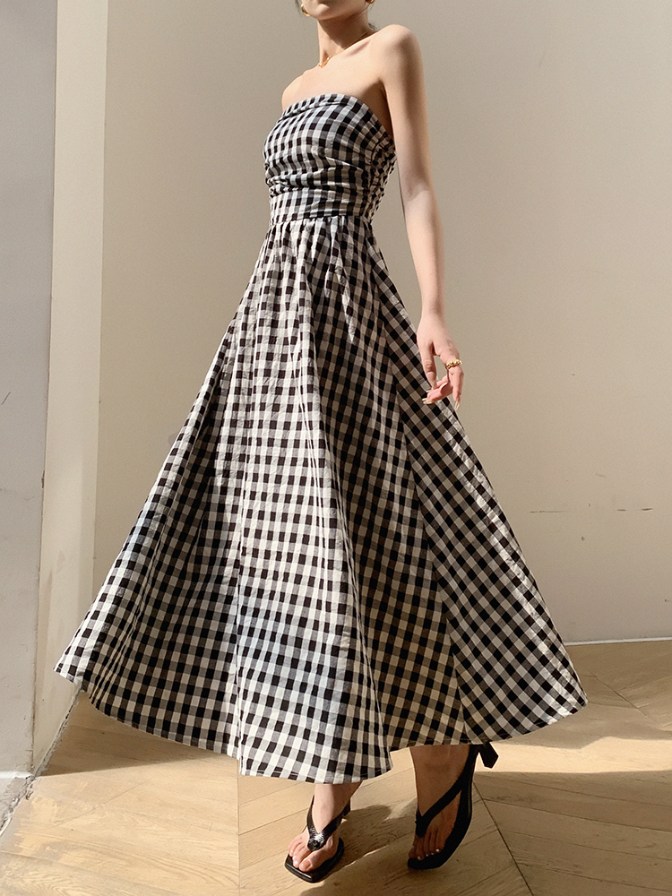ベアトップ ワンピース ロング フレアスカート チェック