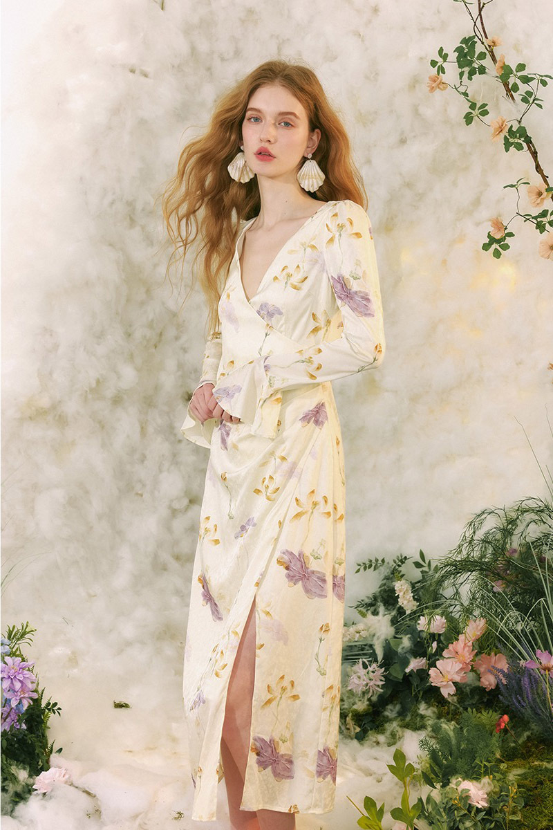 Since Then Vネック 花柄 長袖 ワンピース ドレス レディース