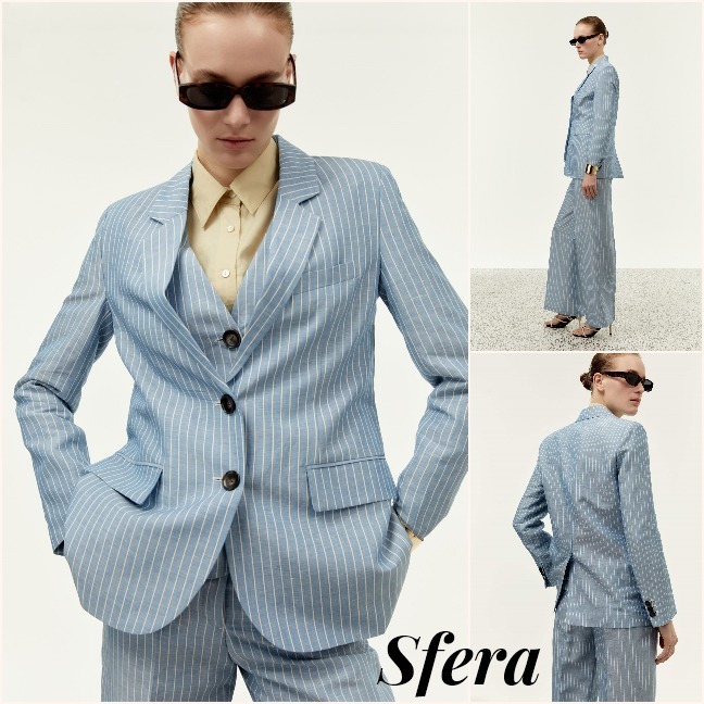 スペイン★Sfera★お洒落ブルー映えジャケット ストライプ 麻混